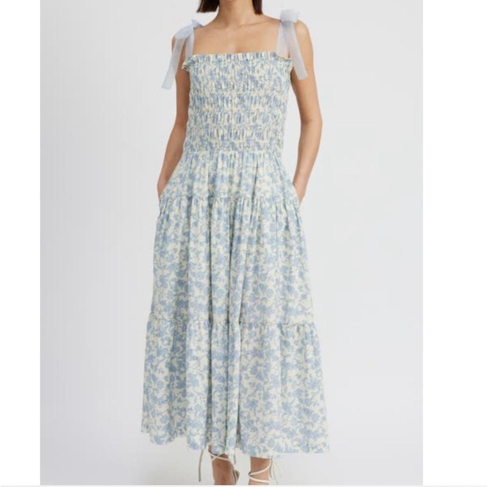 En Saison Cream Midi Dress with Green Bow Straps